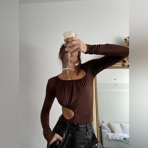Brown Ruched Cutout Bodysuit